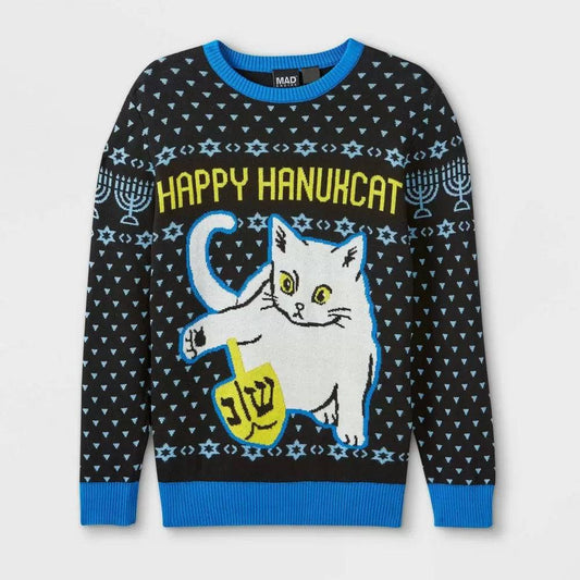 Boy's Youth Black Blue Happy Hanukkah Cat Sweater Pullover - Rex Distributor, Inc. Wholesale Licensed Products and T-shirts, Sporting goods,