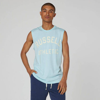 Men's Russell Athletic Archover Straight Graphic Muscle Tank Top in blue, showcasing a bold graphic design, perfect for casual wear.