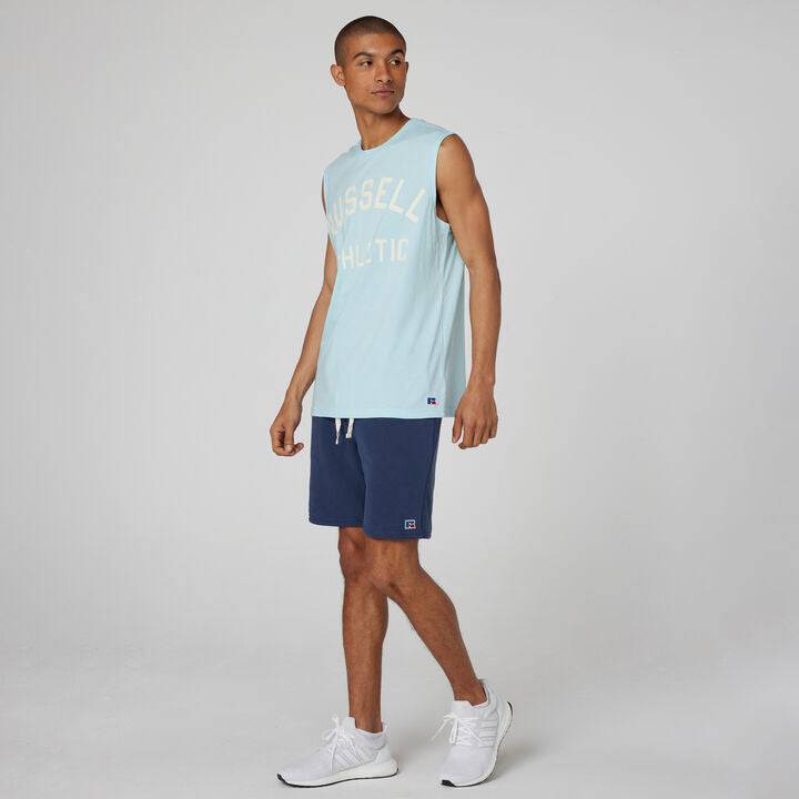 Men's Russell Athletic blue Archover straight graphic muscle tank top, front view showing bold design and comfortable fit.