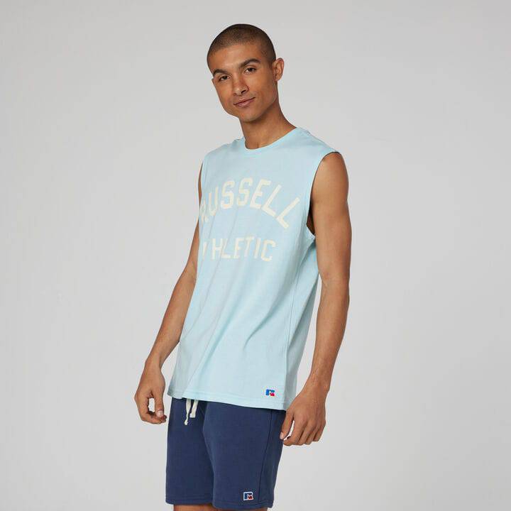 Men's Russell Athletic blue Archover straight graphic muscle tank top, casual fit, sleeveless athletic shirt, front graphic design