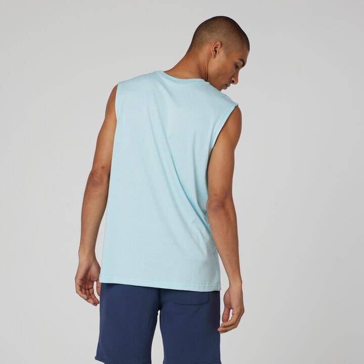 Men's Russell Athletic Archover Straight Graphic Muscle Tank Top in blue chill, featuring bold graphic design and sleeveless fit.