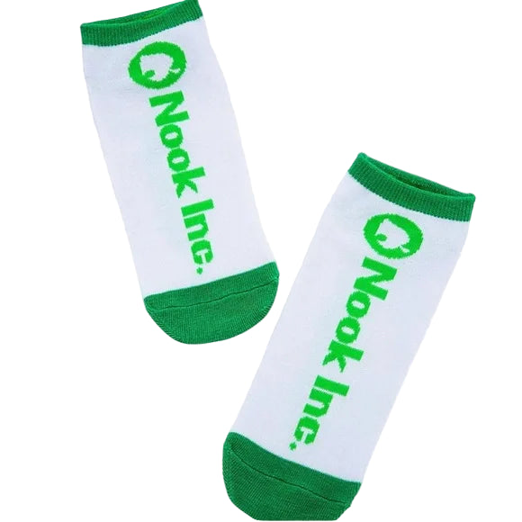 White socks with green accents and 'Nook Inc.' branding on a white background