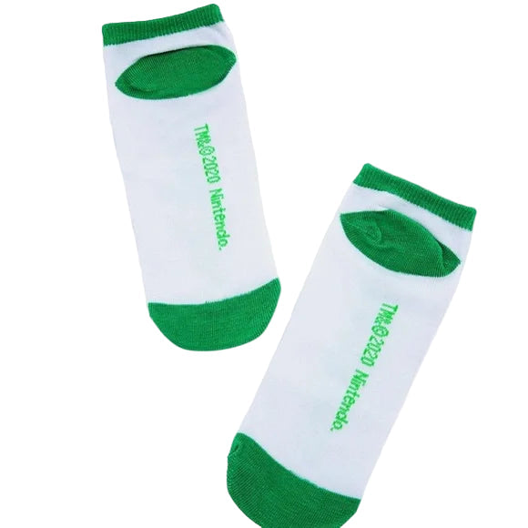 White socks with green accents and text on a white background