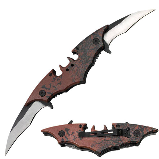MB 4544-BR 5.5" Double Blade Brown Bat Pocket Folding Assist-Open with Belt Clip