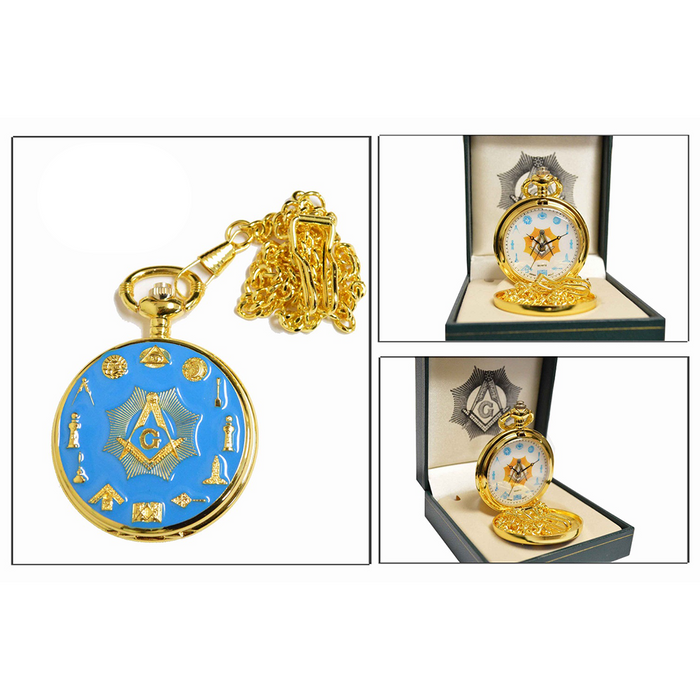 P 305 Blue Masonic Symbols Pocket Watch with Gift Box