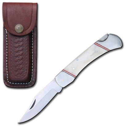PK 116-BN 5" White Bone Handle Folding Pocket Knife with Leather Sheath