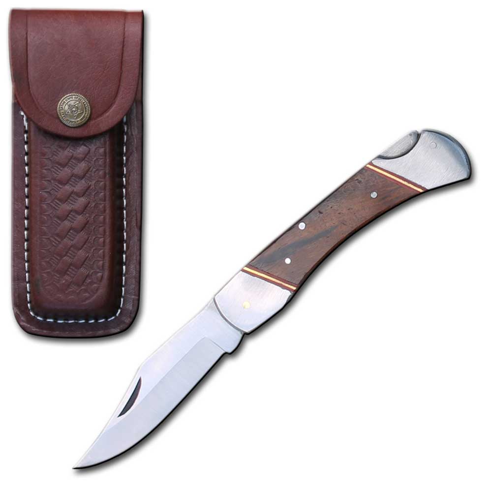 Rex Distributor PK 116-WD 5-inch folding pocket knife with wood handle and sheath, suitable for outdoor and self-defense use.