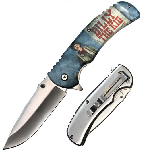 Rex Distributor Billy The Kid assist-open folding knife with black metal handle, 4.5-inch blade, ideal for outdoor and self-defense use.