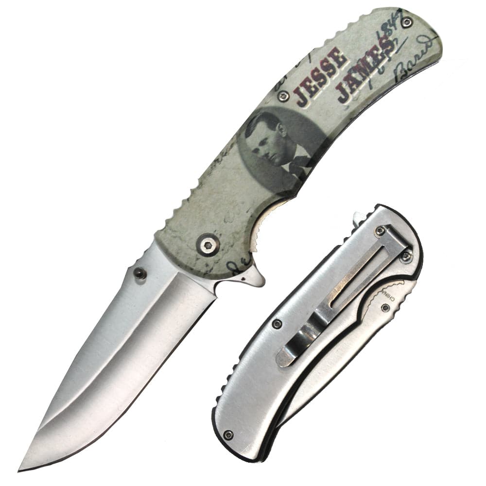 Rex Distributor Jesse James 4.5-inch folding knife with metal handle and assist-open mechanism, displayed closed.