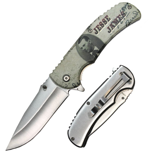 Rex Distributor Jesse James assist-open folding knife with a 4.5-inch metal handle, displayed open showing blade and handle details.
