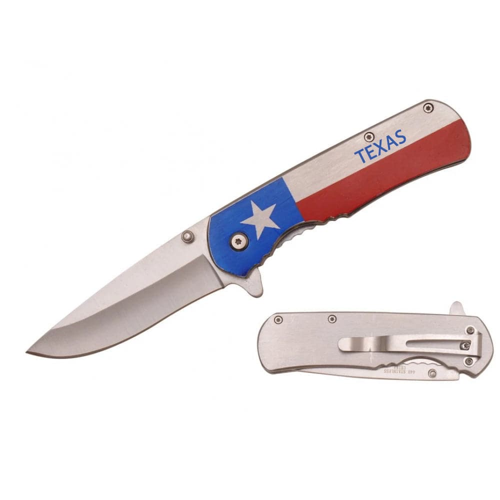 Rex Distributor PK 1536-TX 4.5-inch folding knife with metal handle featuring Texas flag design, assist-open mechanism.