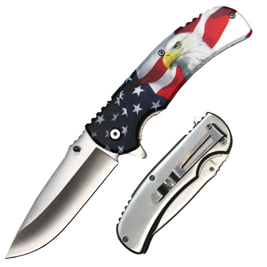 Rex Distributor USA Flag Eagle folding knife with 4.5-inch metal handle and assist-open mechanism, featuring a prominent eagle design.