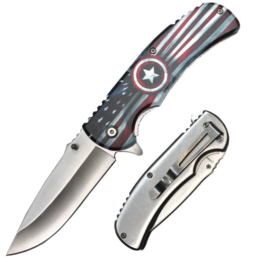 Rex Distributor USA Flag 4.5-inch folding knife with metal handle and assist-open mechanism, featuring a shield design.