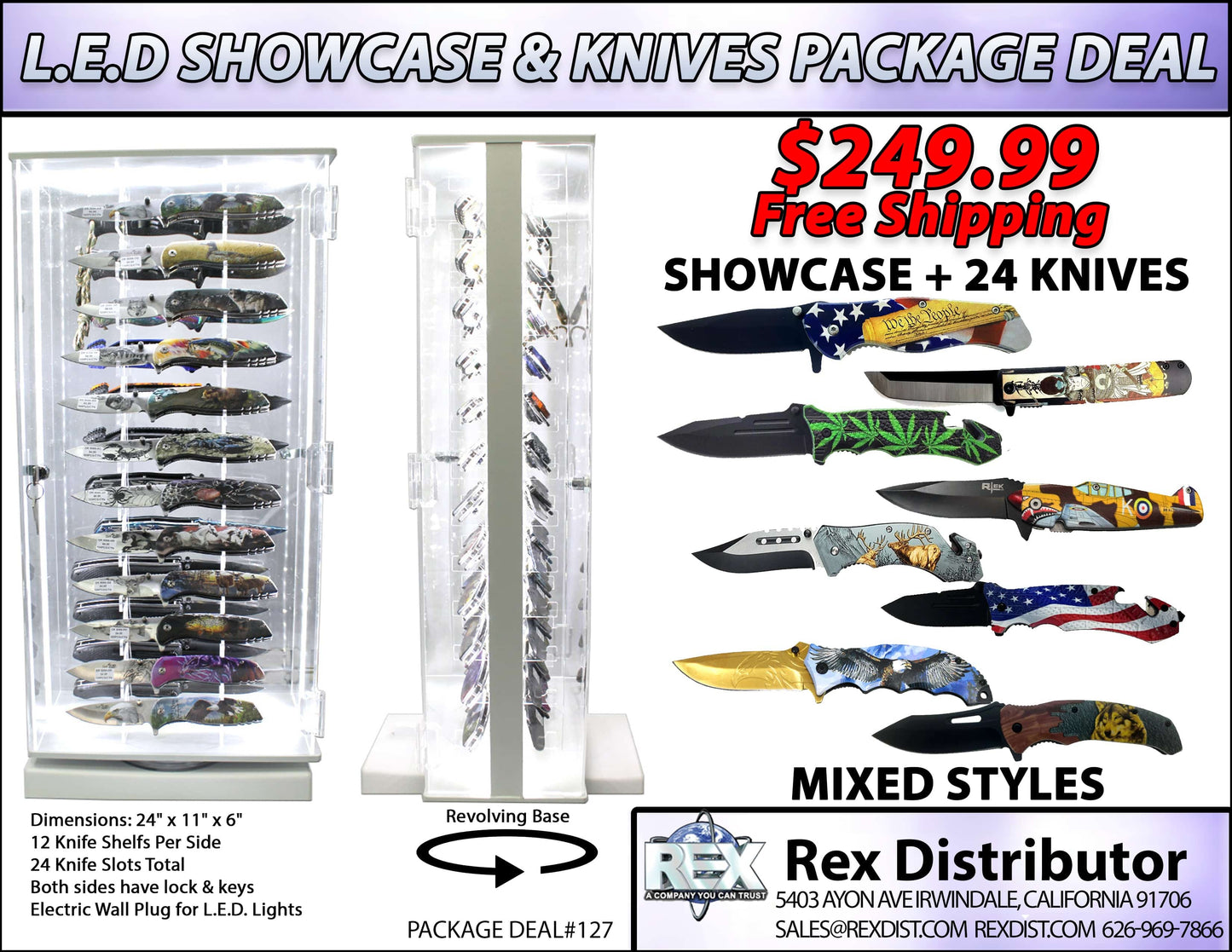 PKG DEAL #127 L.E.D. Light Revolving Showcase & 24 Pocket Knives | Free Shipping