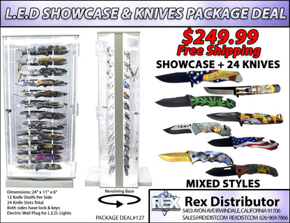 PKG DEAL #127 L.E.D. Light Revolving Showcase & 24 Pocket Knives | Free Shipping