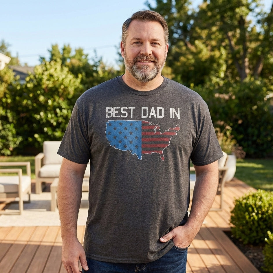 Men's charcoal graphic T-shirt from Rex Distributor Inc., featuring "Best Dad in USA" design, perfect for Father's Day.