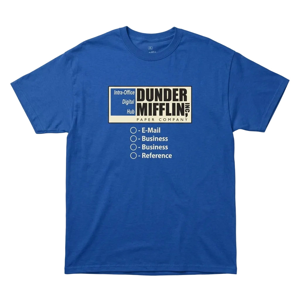 Men's blue Heather Dunder Mifflin graphic T-shirt featuring The Office logo and print, casual crew neck shirt by Rex Distributor Inc.