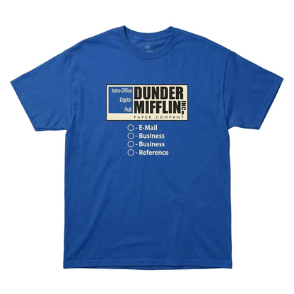 Men's blue Heather Dunder Mifflin graphic T-shirt featuring The Office logo and print, casual crew neck shirt by Rex Distributor Inc.
