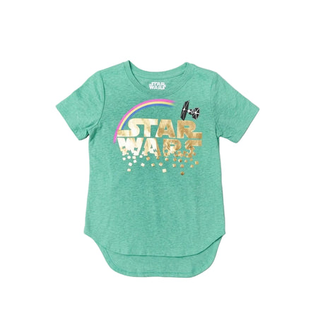 Girls youth Heather green Star Wars Lucky Clover T-shirt by Mad Engine with a star and clover graphic design.