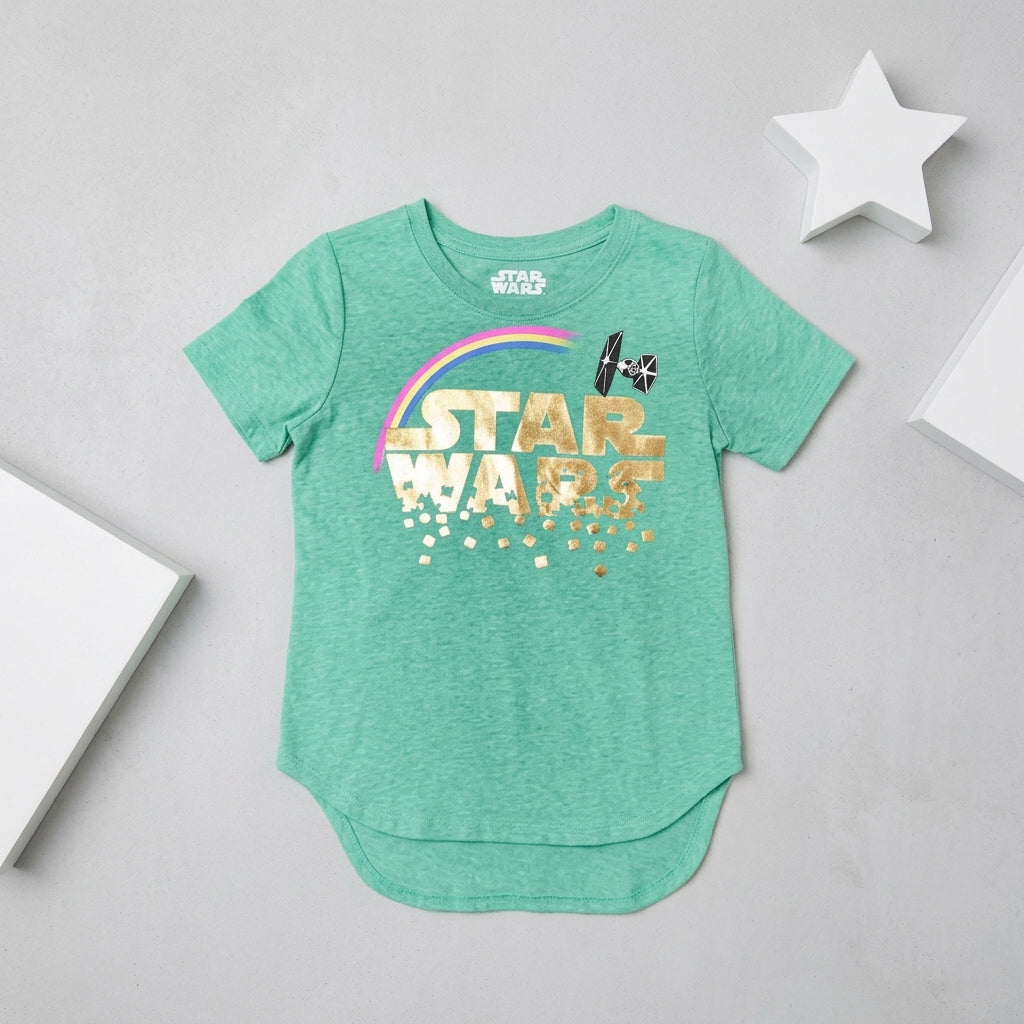 Girls youth Heather green Star Wars Lucky Clover T-shirt by Mad Engine, featuring a star and clover design on the front.
