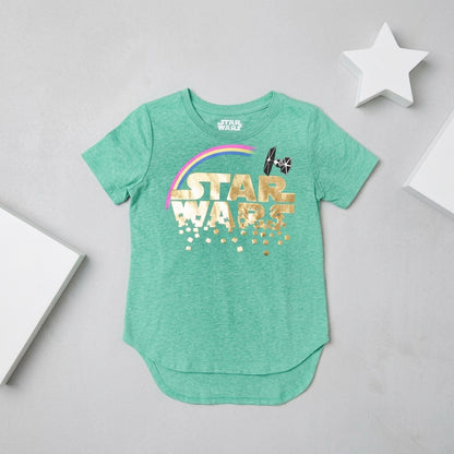 Girls youth Heather green Star Wars Lucky Clover T-shirt by Mad Engine, featuring a star and clover design on the front.