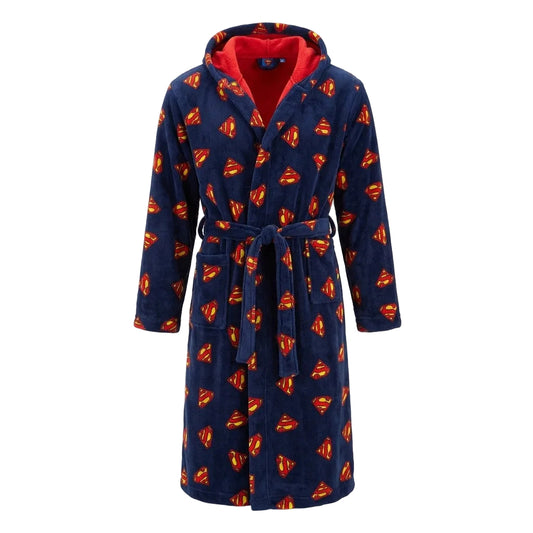 Men's DC Comics Superman plush robe with red and blue fabric, featuring Superman logo and hood, soft and cozy for comfort.