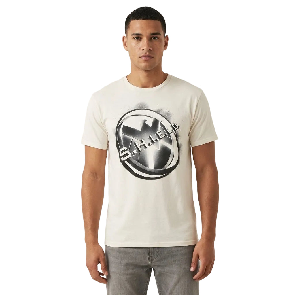 Men's Marvel Agents of S.H.I.E.L.D. white T-shirt by Mad Engine, featuring superhero logo and sleek graphic design.