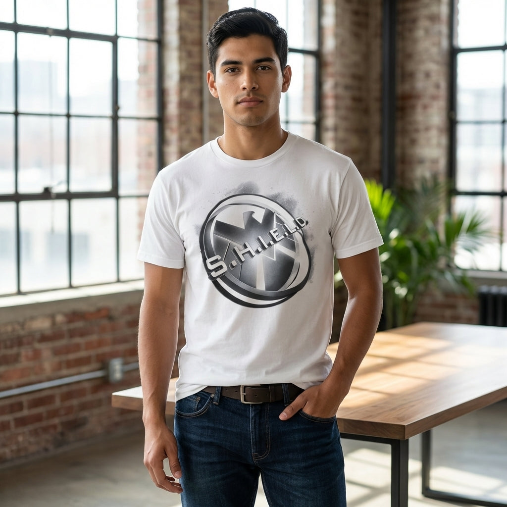 Men's Marvel Agents of S.H.I.E.L.D. T-shirt by Mad Engine featuring a white shirt with superhero graphic design.