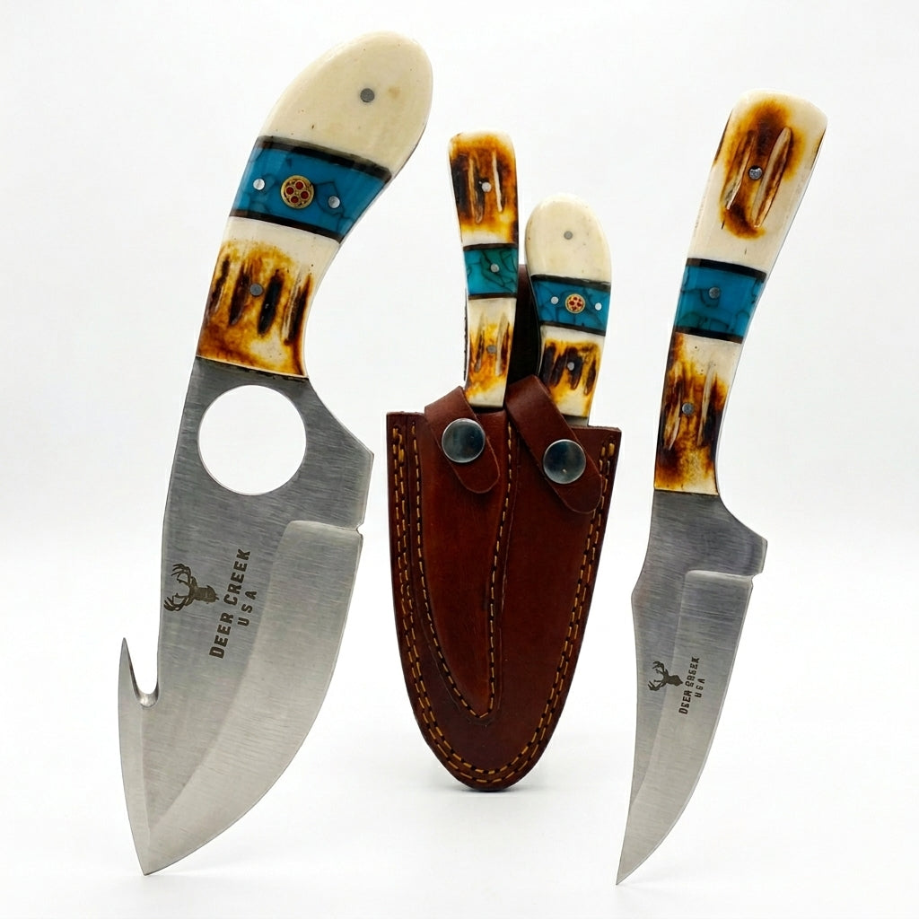 Deer Creek Hunting Knife Set with two 7.25-inch knives and leather sheaths, ideal for outdoor hunting and survival tasks.