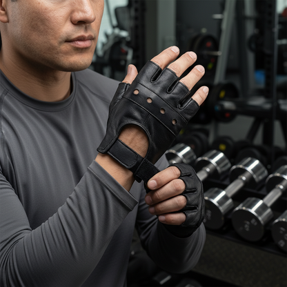 REX 307 Black Leather Weight Lifting Gloves - Short Finger Gym Gloves
