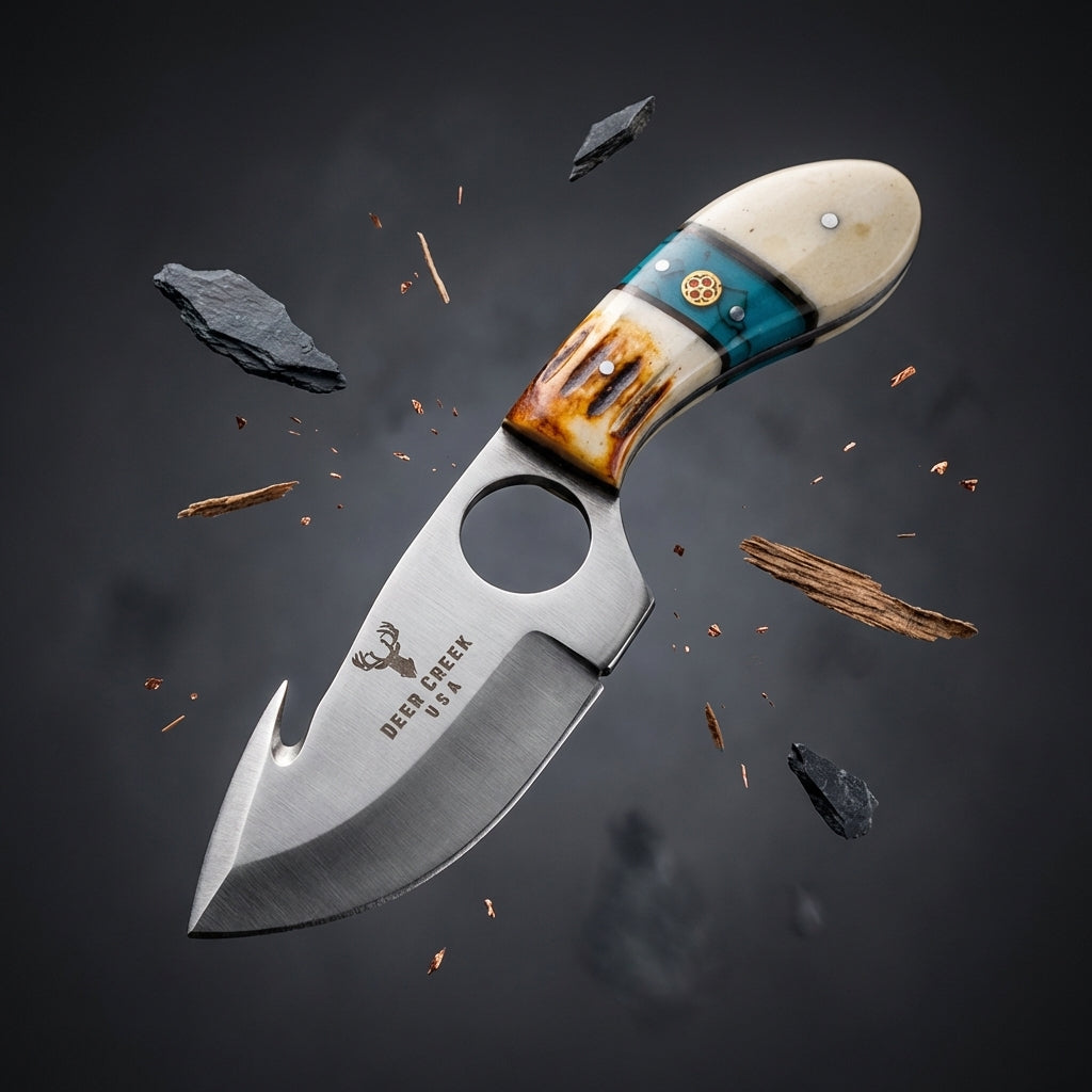 Deer Creek 7.25-inch Deer Creek 2-piece hunting knife set with leather sheath, featuring stainless steel blades and ergonomic handles.