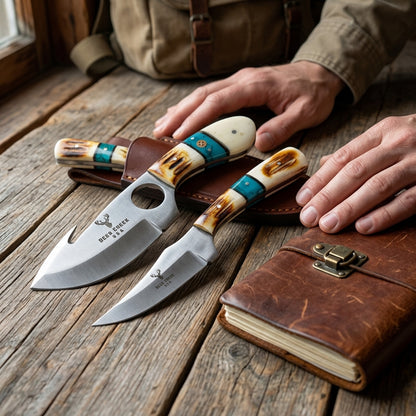 Deer Creek Hunting Knife set with two 7.25-inch blades and leather sheaths, displayed with handles and blade details.