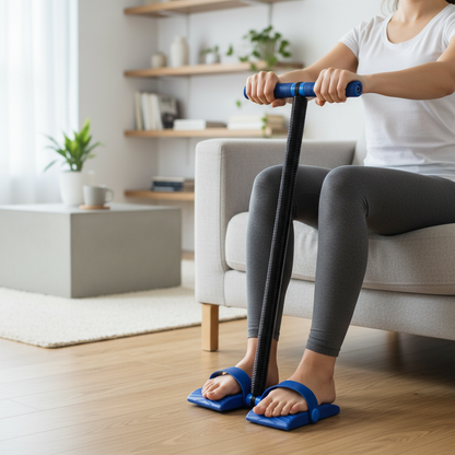 Rex DV 109 spring tension rower and curler for home fitness, showing portable boxing and ab exercise equipment with handles and resistance springs.