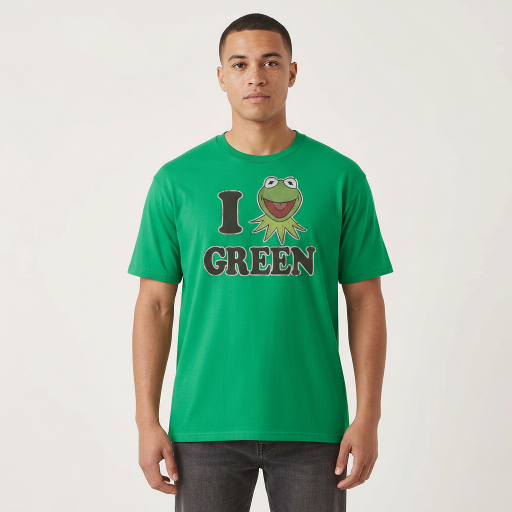 Men's green Mad Engine T-shirt featuring a Kermit the Frog graphic from The Muppets, casual short-sleeve shirt for fans.