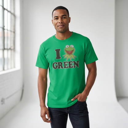 Men's green graphic T-shirt featuring Kermit the Frog from The Muppets, by Mad Engine, showcasing a playful design on the front.
