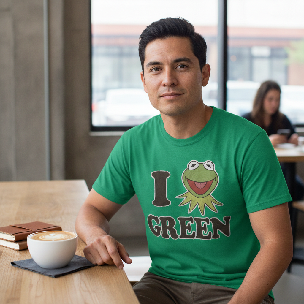 Men's green Kermit the Frog graphic T-shirt by Mad Engine featuring a playful Muppets design on soft cotton fabric.