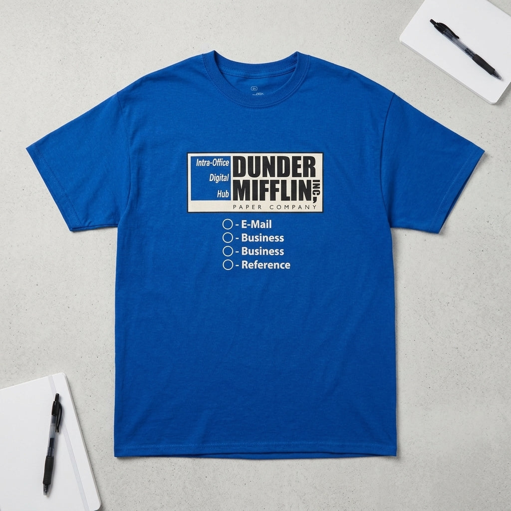 Men's blue Heather Dunder Mifflin graphic t-shirt from Rex Distributor, Inc. featuring a casual design and office-themed print.