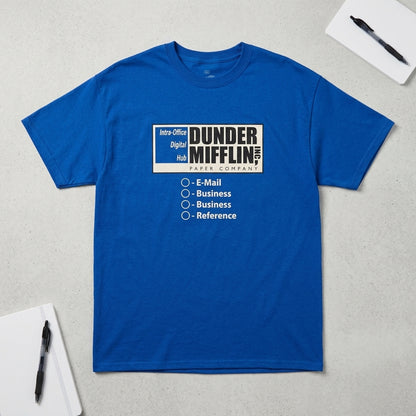 Men's blue Heather Dunder Mifflin graphic t-shirt from Rex Distributor, Inc. featuring a casual design and office-themed print.