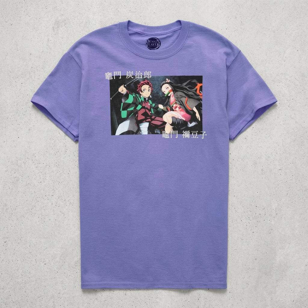Men's purple Heather Demon Slayer Tanjiro and Nezuko duo Kanji box T-shirt by Bioworld, featuring characters from the anime series.