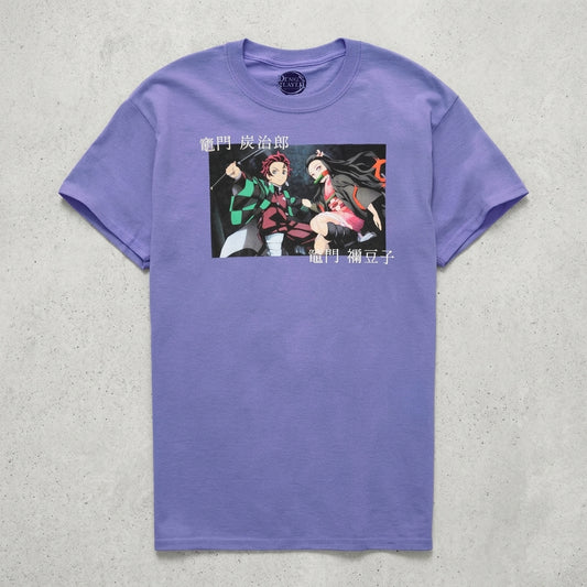 Men's purple Heather Demon Slayer Tanjiro and Nezuko duo Kanji box T-shirt by Bioworld, featuring characters from the anime series.