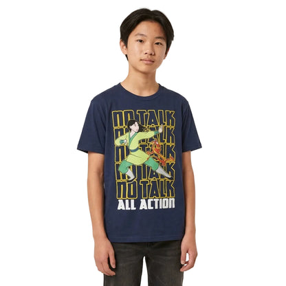 Boy's navy blue Disney Mulan graphic T-shirt by Mad Engine featuring a no talk, all action design with Mulan artwork.