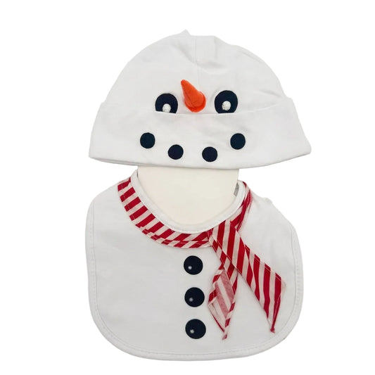 Baby snowman bib and party accessories set with festive pom-pom details, perfect for holiday celebrations.