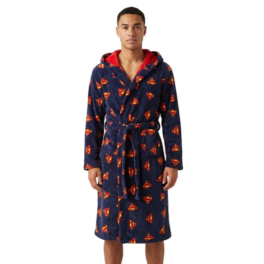 Men's DC Comics Superman plush robe by Bioworld, soft fabric with Superman logo and vibrant blue and red colors, displayed on a hanger.