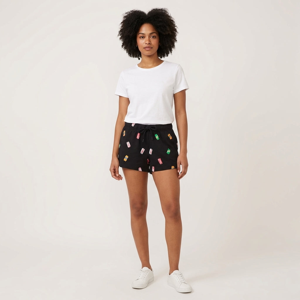 Women's black Coca-Cola soda cans sleep shorts by Bioworld, featuring a comfortable design with Coca-Cola-themed print.