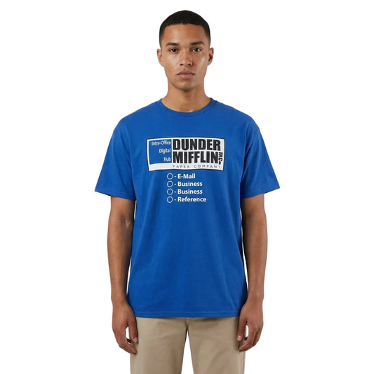 Men's blue Heather graphic T-shirt featuring The Office Dunder Mifflin logo, by Rex Distributor, Inc., displayed on a plain background.