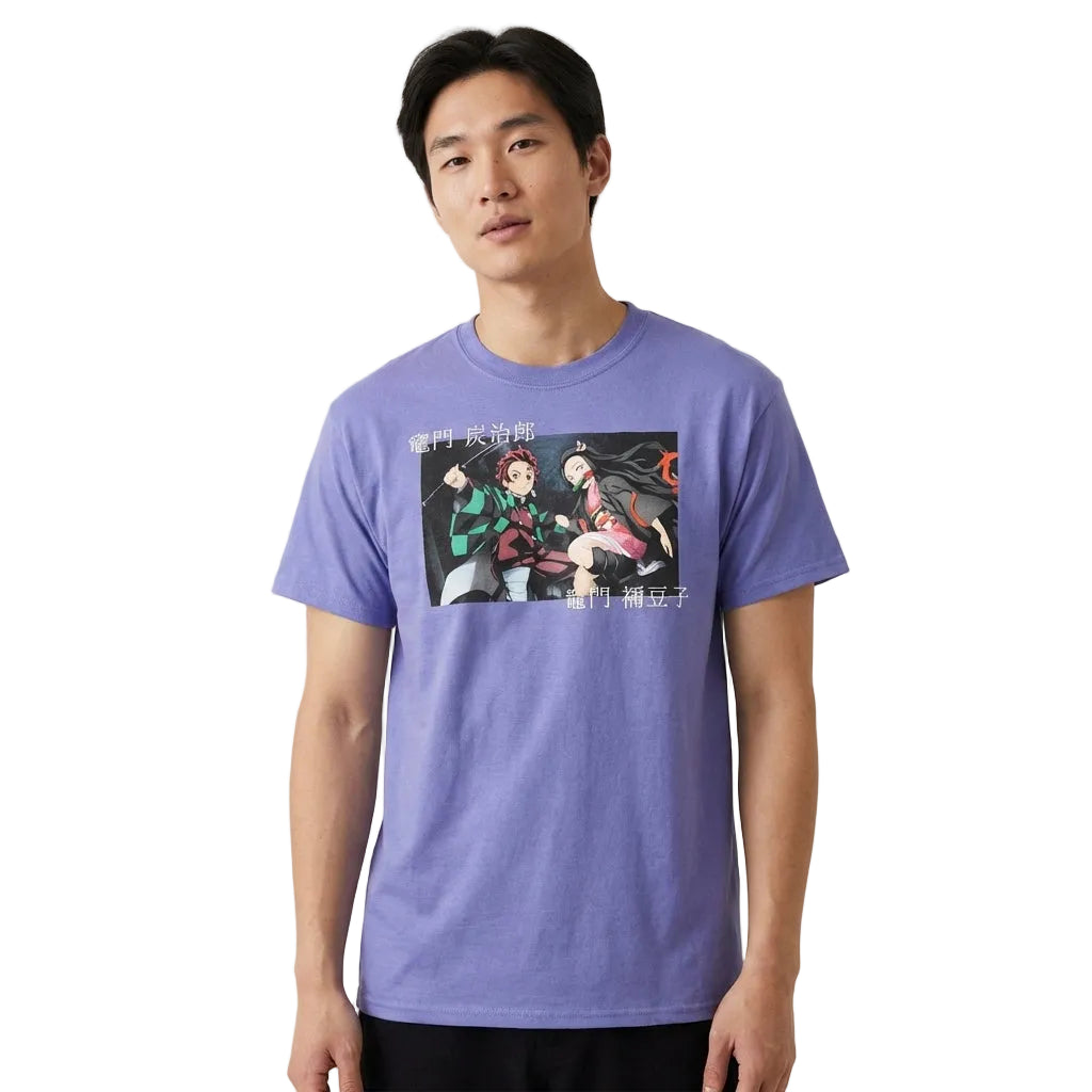 Men's purple Heather Demon Slayer Tanjiro and Nezuko duo Kanji box T-shirt by Bioworld, featuring character artwork on a casual shirt.