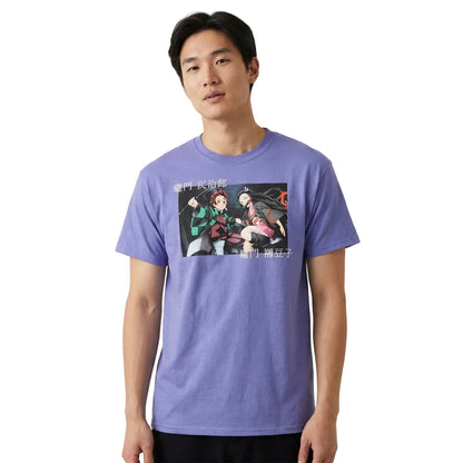 Men's purple Heather Demon Slayer Tanjiro and Nezuko duo Kanji box T-shirt by Bioworld, featuring character artwork on a casual shirt.