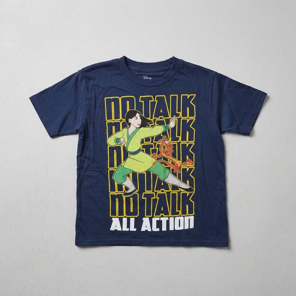 Boy's navy blue Disney Mulan graphic T-shirt by Mad Engine featuring a no talk all action design.