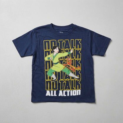 Boy's navy blue Disney Mulan graphic T-shirt by Mad Engine featuring a no talk all action design.