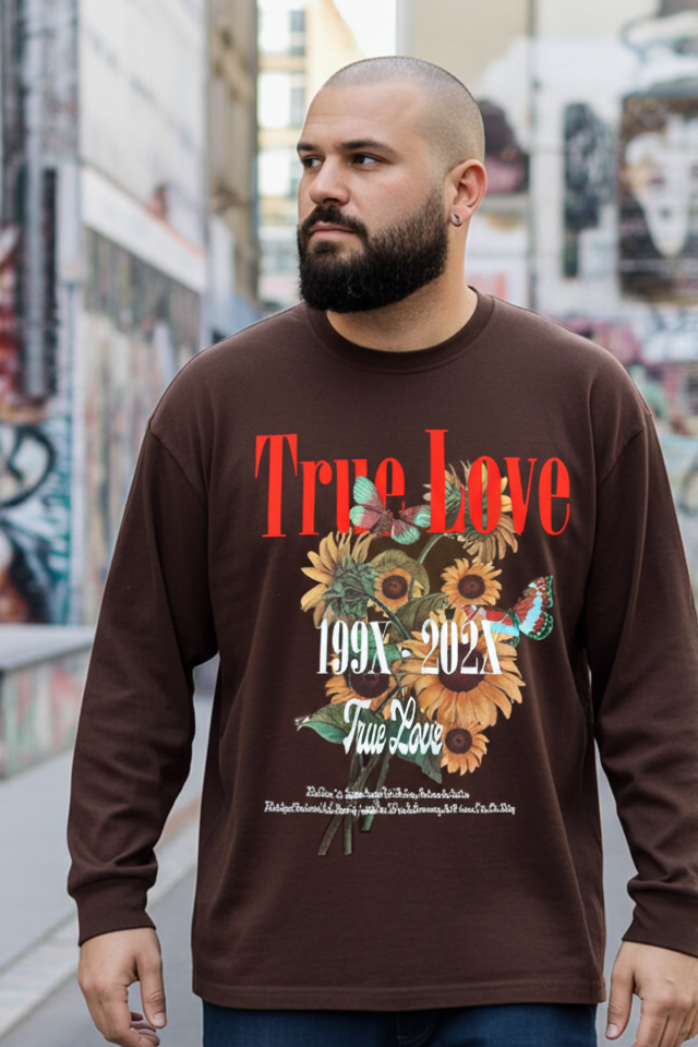 Men's brown long sleeve T-shirt with sunflower graphic and "True Love" text from Rex Distributor, Inc.